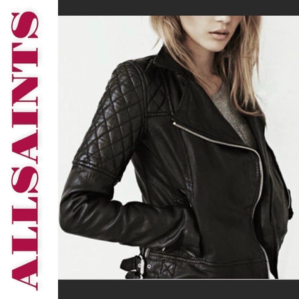 NWT‎ Allsaints Walker Black Quilted Leather Moto Biker Jacket, Size 2
